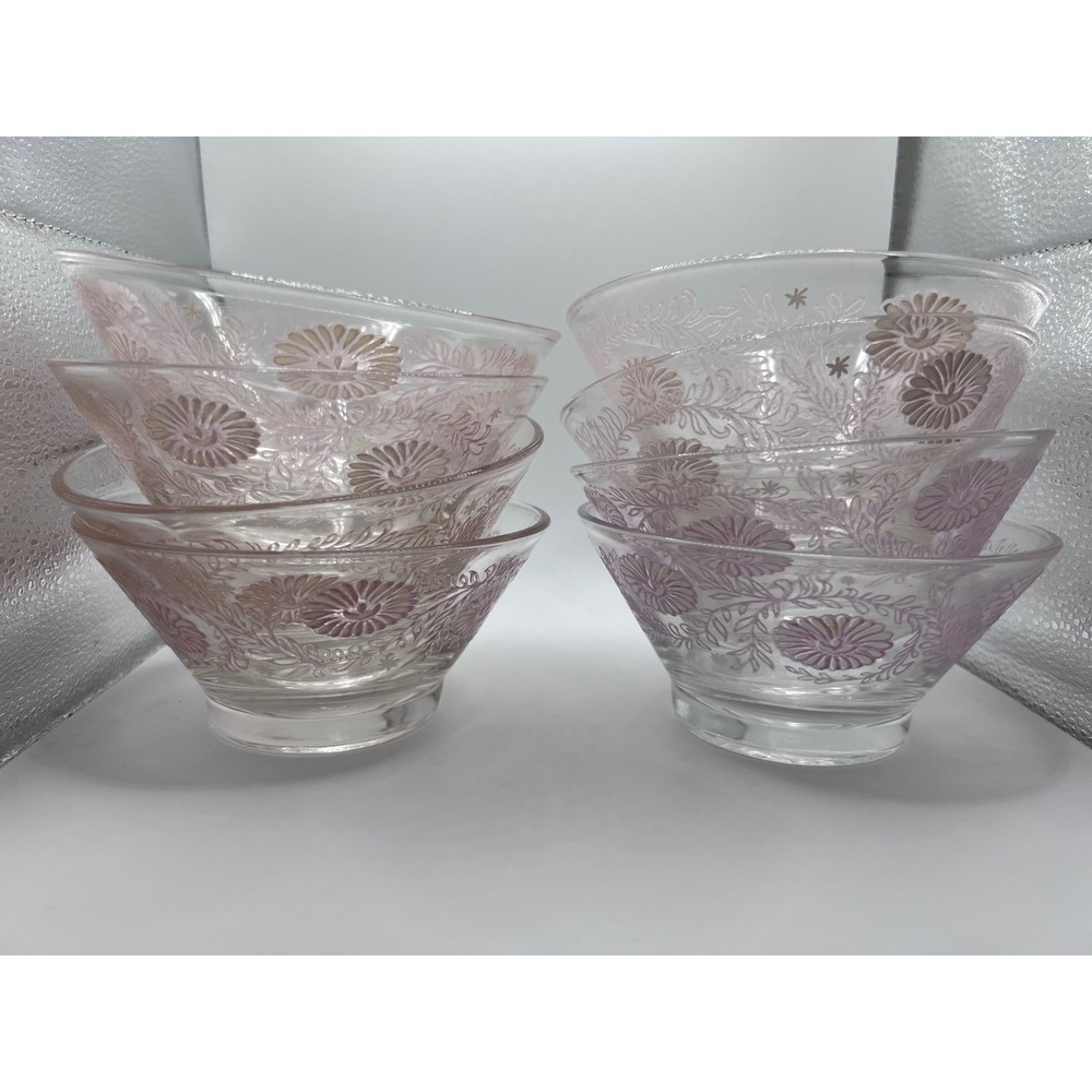 VTG Todd Glass Light Pink/Clear Raised Painted Floral Daisy MCM Dessert Bowls